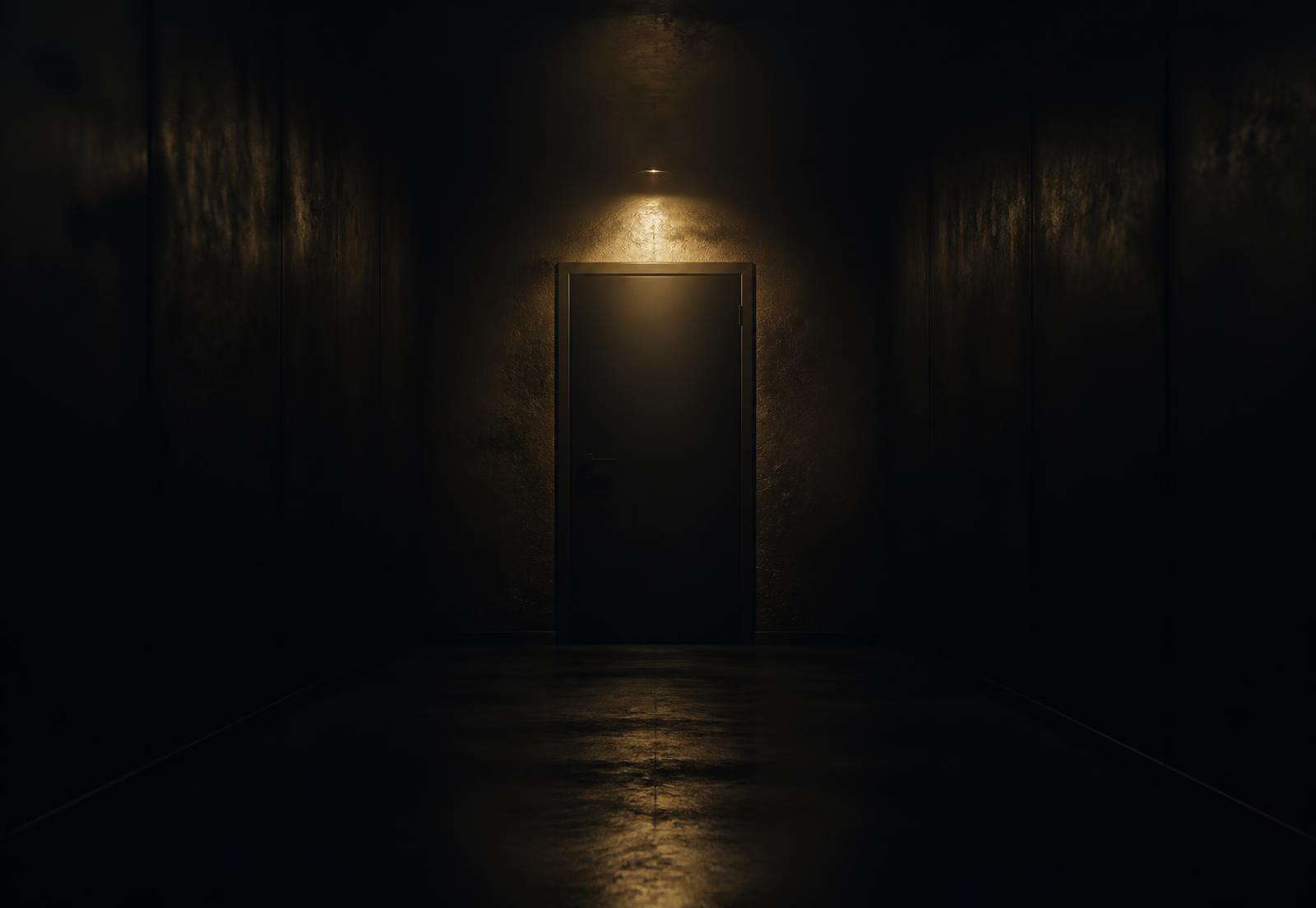 An unmarked door at the end of a dim corridor